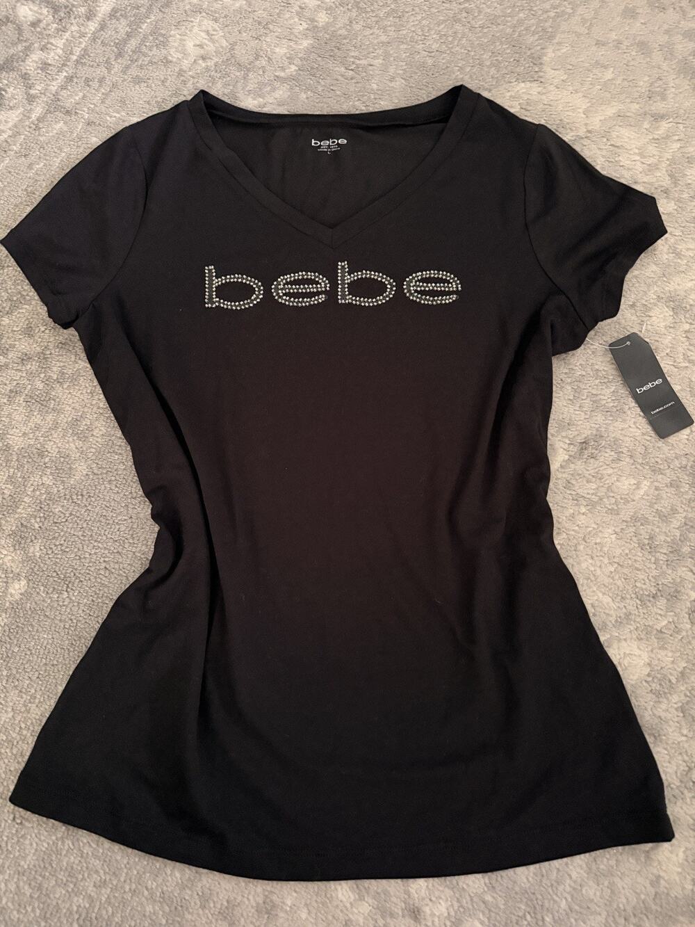 New Y2K Bebe Beaded Bling Logo Spell Out Black Top Size L Stretch NWT Seed Bead